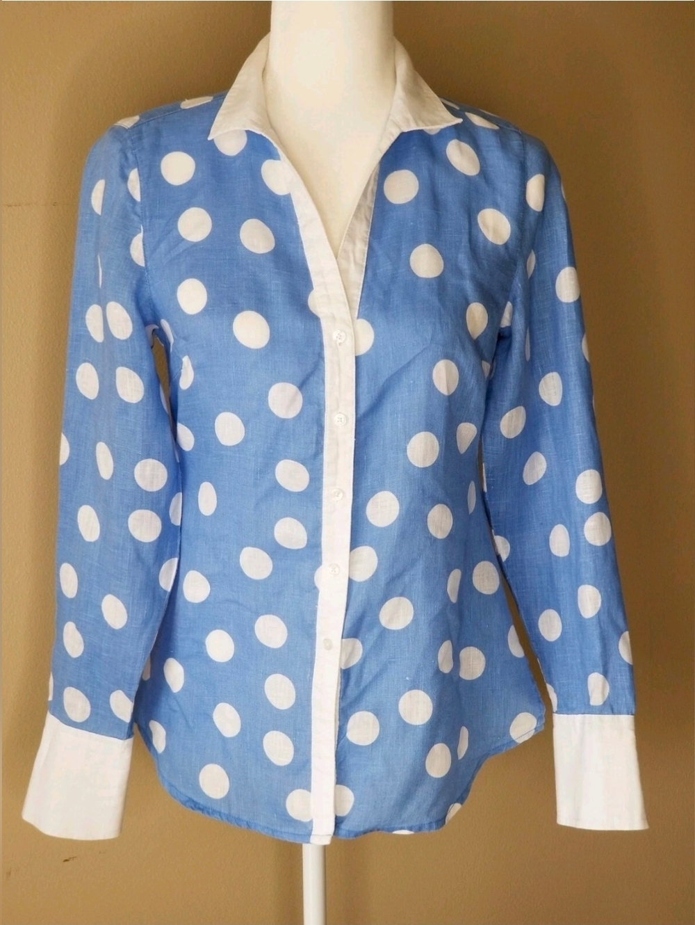 Island Company Linen Button Down Shirt Blouse  Blue/White Polka Dot Size  XS